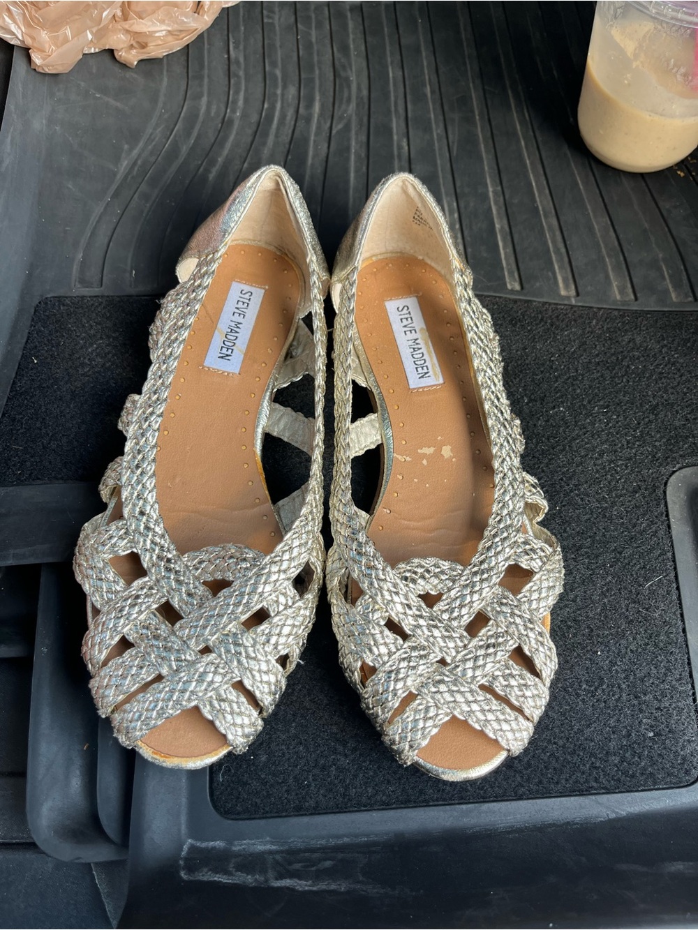 Steve Madden Metallic Braided Peep-Toe Flats in Gold